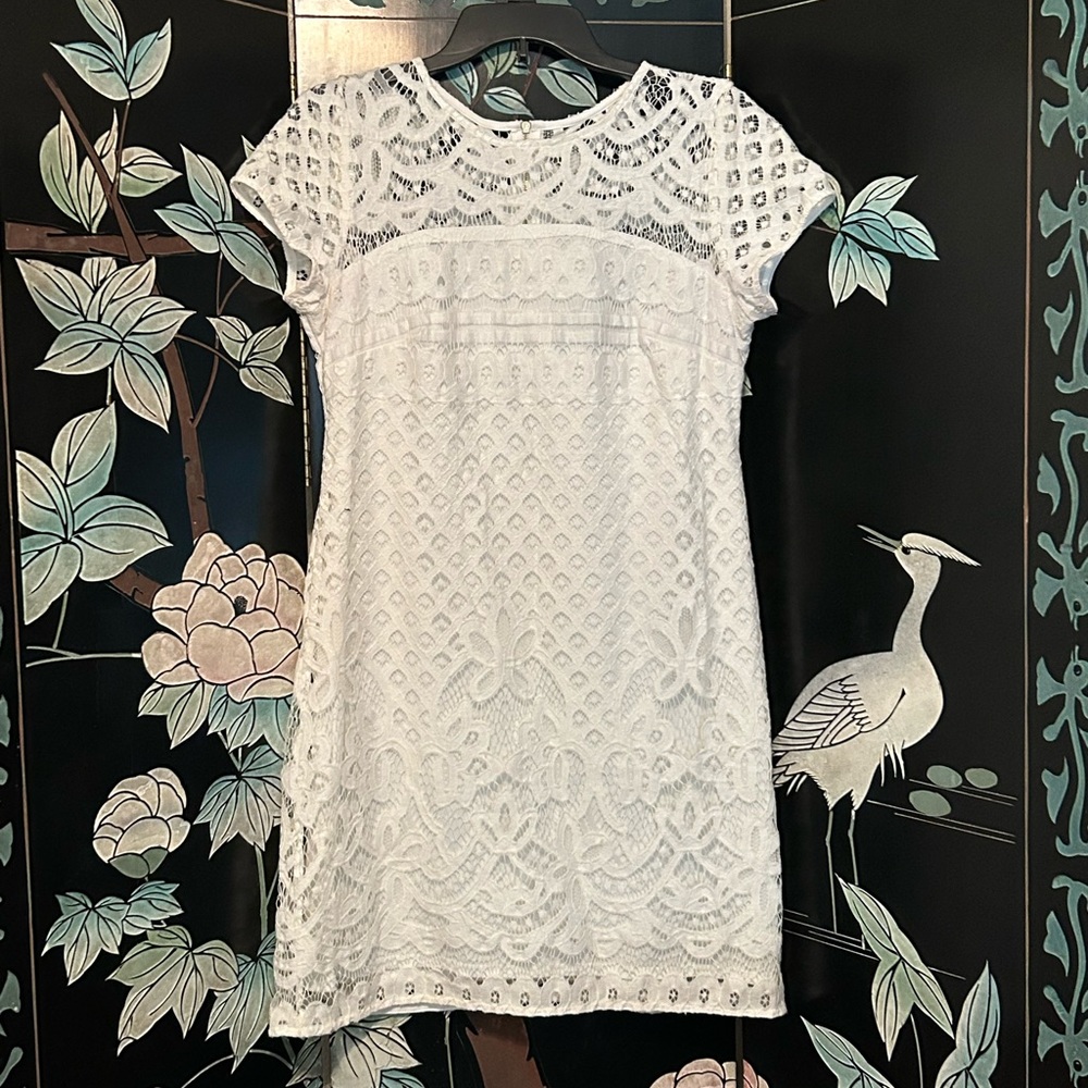 Just Taylor White Eyelet Lace Dress Women Sz 6 Short Sleeve Sheath Zipper Adult